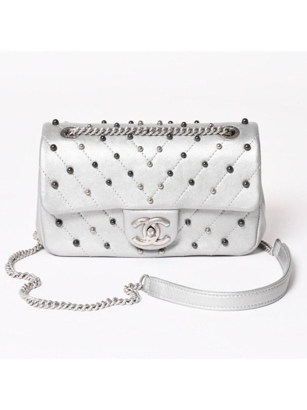 Chanel Chevron Stud Wars Chain Shoulder Bag CC Logo Calfskin Silver
